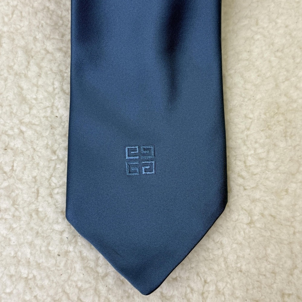 Givenchy Tie Mens Blue Silk Satin Embroidered Logo Classic Designer Necktie FLAW